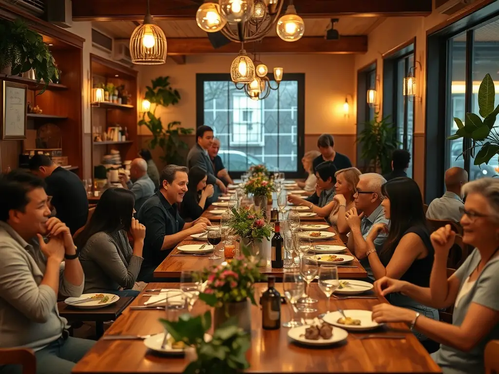 A clean and modern interior of a Langos & Beer restaurant, highlighting the young and vibrant atmosphere, with comfortable seating and stylish decor.